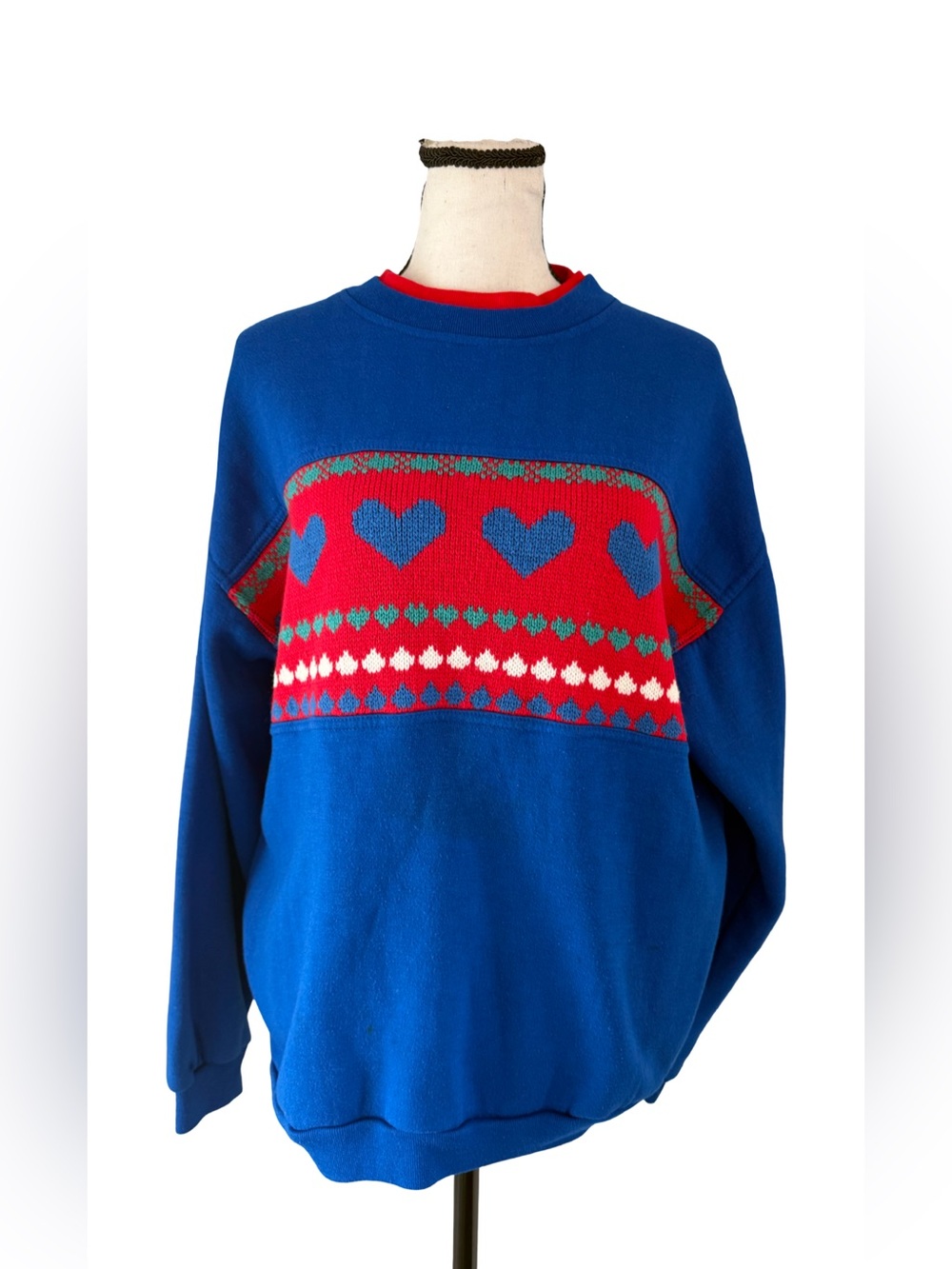 Vintage 80s 90s Blue Heart Fair Isle Sweatshirt Knit Panel Oversized L XL